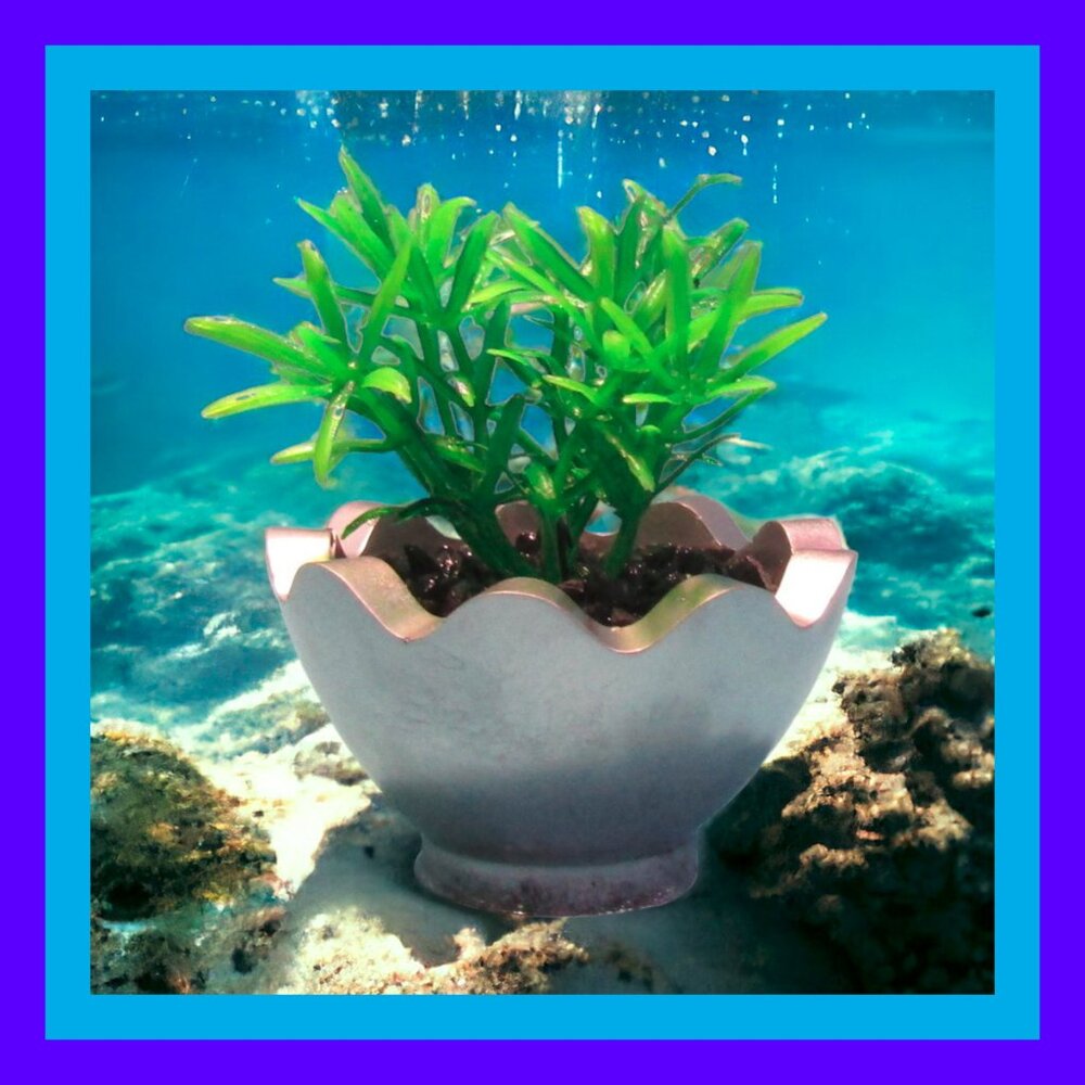 Aquarium Decoration - Silver Wavy Pot with Small Green Plant.